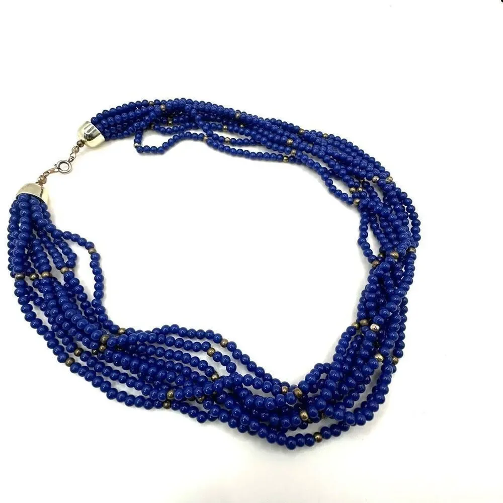 Blue and gold tone multi strand vintage necklace